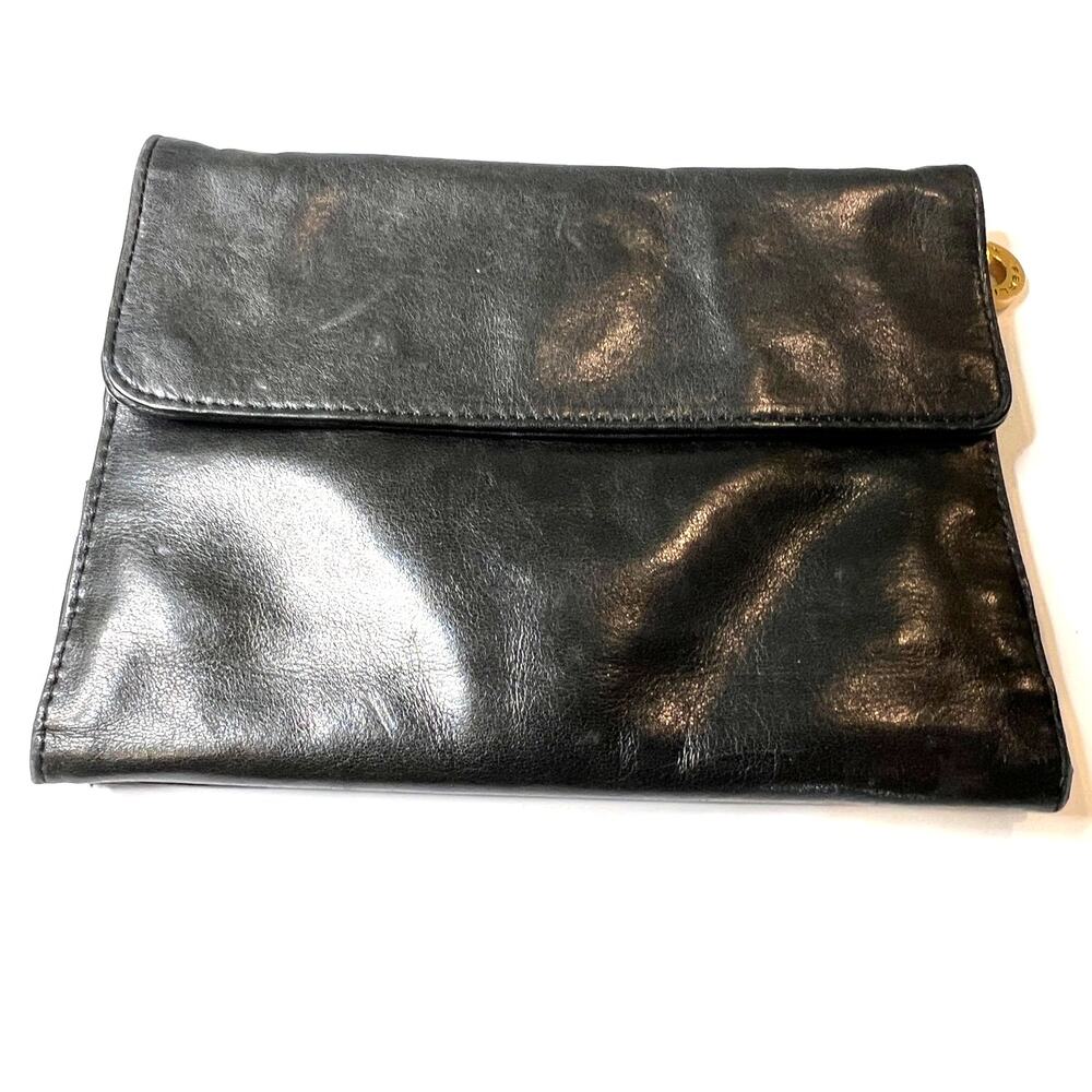 Perlina Black leather fold over clutch Wallet Bag Carry all in one vintage 90's